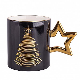 ALTOM DESIGN GOLDEN CHRISTMAS kubek do kawy i herbaty świąteczny Boże Narodzenie 350 ml ze złotym uchem w kształcie gwiazdki CZARNY opakowanie na prezent