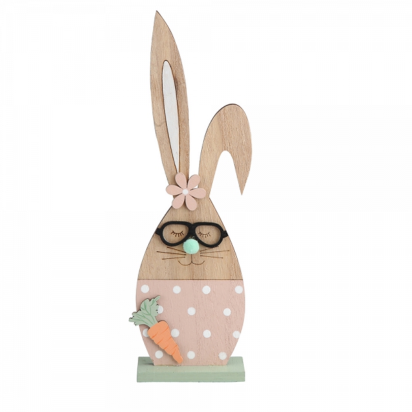 ALTOM DESIGN figurka drewniana ozdoba na Wielkanoc zając w okularach z marchewką 24x7cm