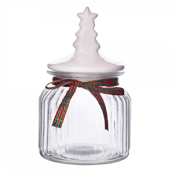 ALTOM DESIGN słoik ozdobny świąteczny 650ml relief z ceramiczną pokrywką choinka biała