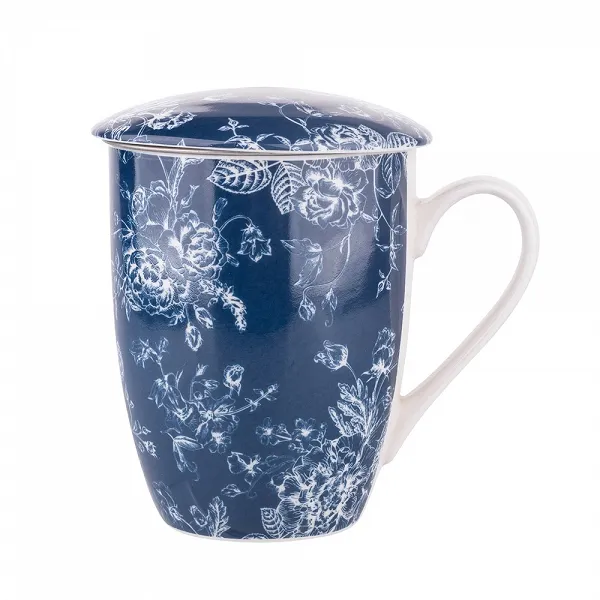ALTOM DESIGN ELISABETH kubek z zaparzaczem i pokrywką porcelanowy 300 ml granatowy w opasce