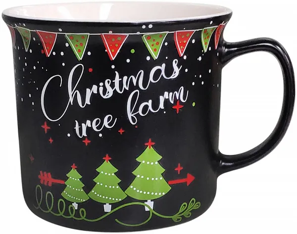 ALTOM DESIGN kubek świąteczny porcelanowy z wywiniętym rantem / z dekoracją na Boże Narodzenie 350 ml CZARNY DEK. CHRISTMAS TREE FARM