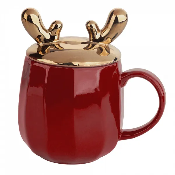 ALTOM DESIGN kubek świąteczny na prezent porcelanowy z pokrywką w kształcie rogów renifera czerwony 400 ml