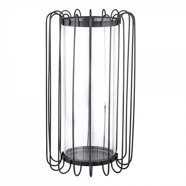 ALTOM DESIGN świecznik metalowy szprosowy z wkładem szklanym 16x16x28 cm czarny