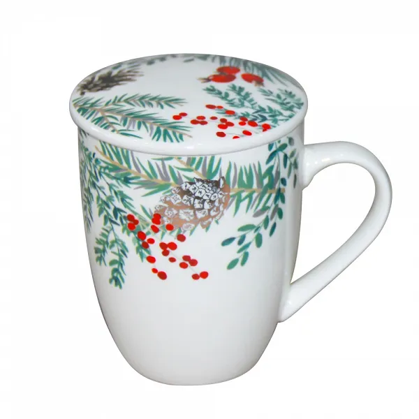 ALTOM DESIGN WONDERLAND kubek porcelanowy z zaparzaczem i pokrywką w opasce dekoracja święta Boże Narodzenie 300 ml BIAŁY