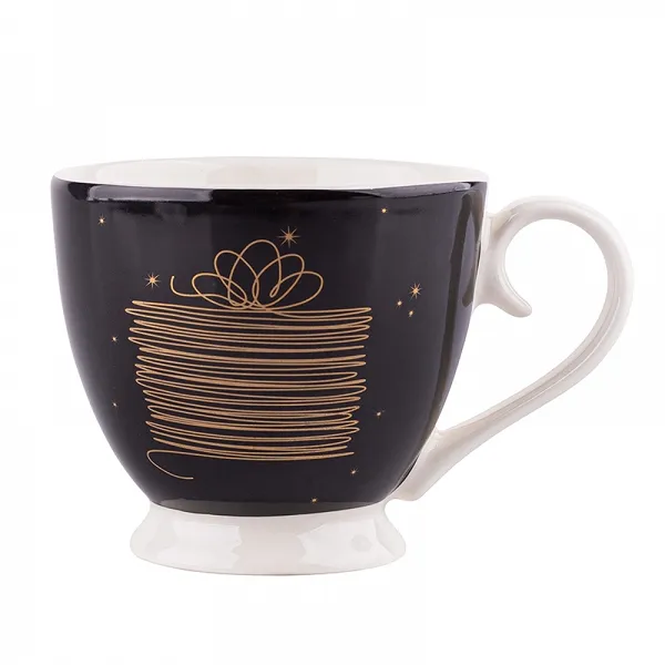 ALTOM DESIGN GOLDEN CHRISTMAS filiżanka do kawy i herbaty porcelanowa jumbo na stopce na święta Boże Narodzenie 350 ml CZARNA