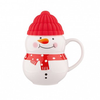 ALTOM DESIGN świąteczny kubek porcelanowy do kawy i herbaty na prezent 350 ml z silikonową czapeczką bałwanek DEK. B