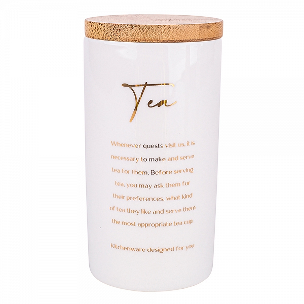ALTOM DESIGN ORGANIC pojemnik na kawę porcelanowy z pokrywą bambusową i złotymi napisami 8x16cm dek. Tea
