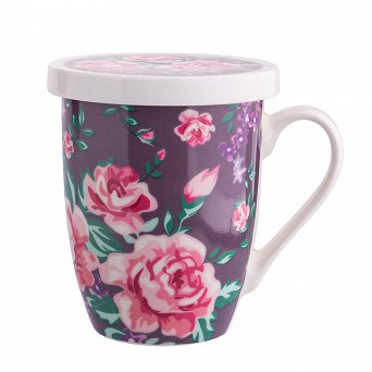 ALTOM DESIGN CHARLOTTA kubek do herbaty porcelanowy z zaparzaczem i pokrywką 300 ml fioletowy w opasce