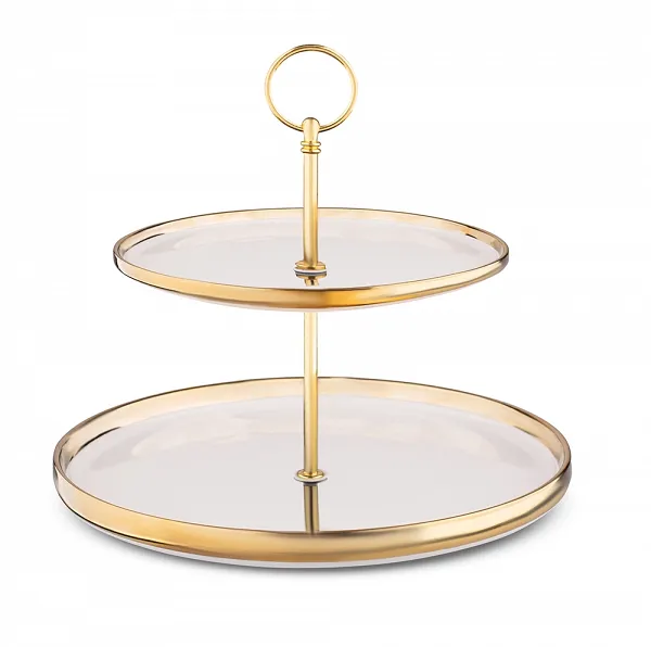 ALTOM DESIGN GOLD DREAM Paterka porcelanowa dwupoziomowa etażerka kremowa