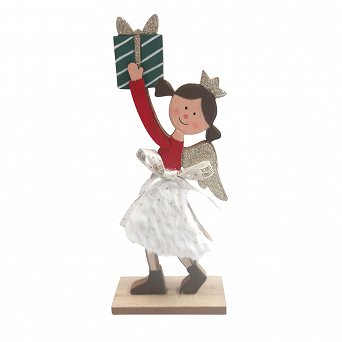 ALTOM DESIGN figurka na Boże Narodzenie ozdoba świąteczna drewniany aniołek z prezentem 10x4x23 cm