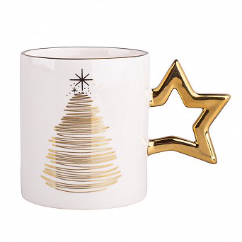 ALTOM DESIGN GOLDEN CHRISTMAS kubek do kawy i herbaty świąteczny Boże Narodzenie 350 ml ze złotym uchem w kształcie gwiazdki BIAŁY opakowanie na prezent