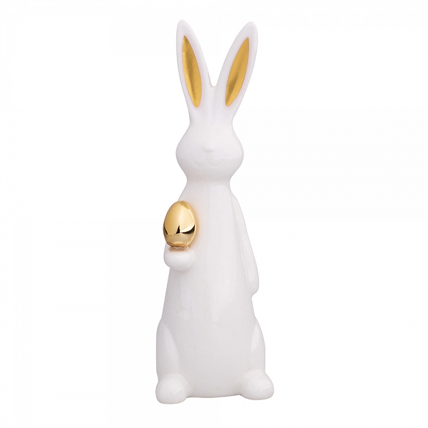 ALTOM DESIGN figurka ceramiczna / ozdoba świąteczna na Wielkanoc Zając ze złotymi uszami i jajkiem 6x6x19cm