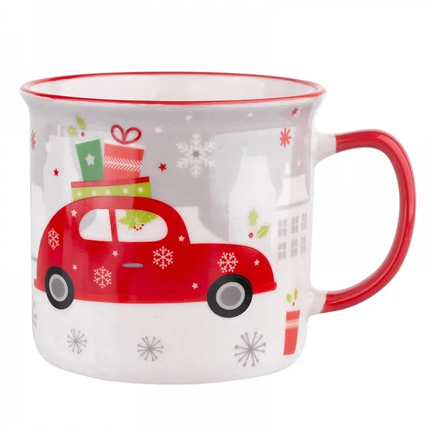ALTOM DESIGN kubek świąteczny porcelanowy z wywiniętym rantem / z dekoracją na Boże Narodzenie 350 ml DEK. ŚWIĄTECZNY SAMOCHÓD Z PRZYCZEPKĄ 