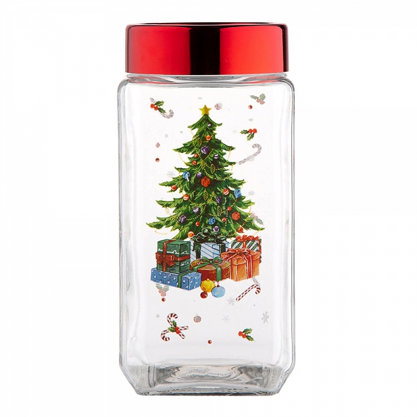 ALTOM DESIGN ozdobny słoiczek szklany na produkty sypkie ze świąteczną dekoracją i czerwoną pokrywką 1l