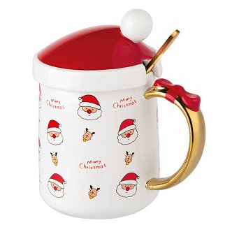 ALTOM DESIGN świąteczny kubek do kawy i herbaty porcelanowy na prezent 350 ml z pokrywką i złotą łyżeczką DEK. A