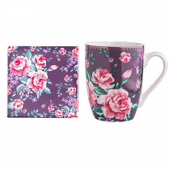 ALTOM DESIGN CHARLOTTA kubek do kawy i herbaty porcelanowy w kwiaty z podkładką 300 ml fioletowy