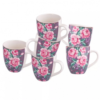ALTOM DESIGN CHARLOTTA Zestaw 6 kubków do kawy i herbaty porcelanowy baryłka w kwiaty 300 ml fioletowy