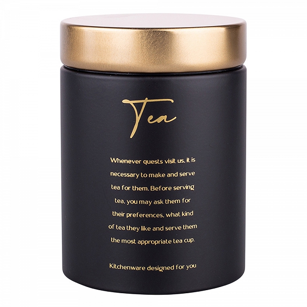 ALTOM DESIGN pojemnik na herbatę / czarna matowa puszka na herbatę z pokrywką w odcieniu złota 11x11x15 cm DEK. TEA