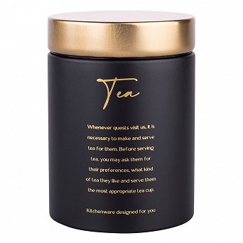 ALTOM DESIGN pojemnik na herbatę / czarna matowa puszka na herbatę z pokrywką w odcieniu złota 11x11x15 cm DEK. TEA