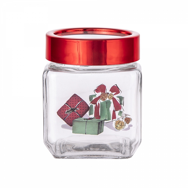 ALTOM DESIGN KLASYKA ŚWIĄT pojemnik szklany z dekoracją prezenty i czerwoną pokrywką 500ml