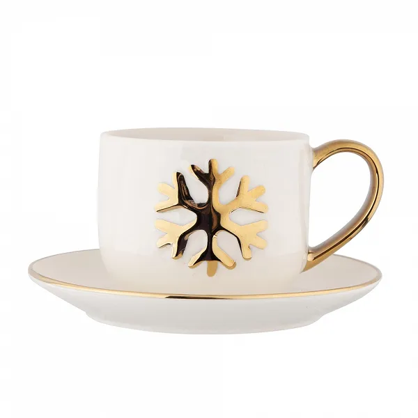ALTOM DESIGN porcelanowa filiżanka ze spodkiem do kawy i herbaty na prezent na Boże Narodzenie 220 ml ze złotą wypukłą dekoracją ŚNIEŻYNKA