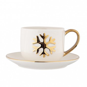 ALTOM DESIGN porcelanowa filiżanka ze spodkiem do kawy i herbaty na prezent na Boże Narodzenie 220 ml ze złotą wypukłą dekoracją ŚNIEŻYNKA
