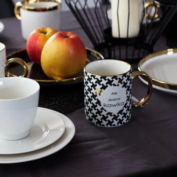 ALTOM DESIGN GOLD DREAM Porcelanowy kubek prosty 250ml ze złotym uchem dek. kawka