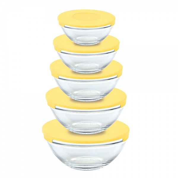 ALTOM DESIGN komplet 5 misek / salaterek szklanych z żółtymi pokrywkami / szklane miseczki