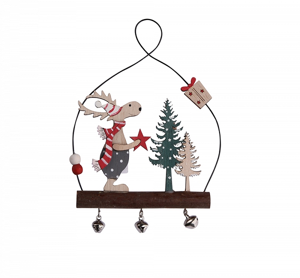 ALTOM DESIGN zawieszka świąteczna drewniany renifer na gałązce z dzwoneczkami