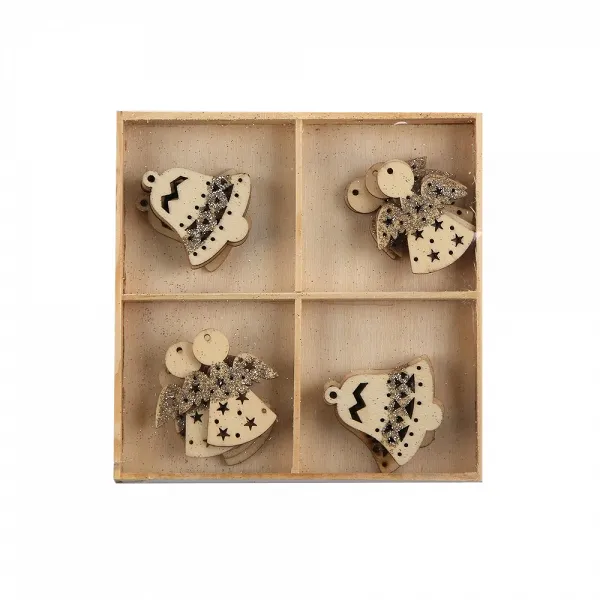 ALTOM DESIGN komplet 16 drewnianych zawieszek anioły i dzwony 4x4,5cm