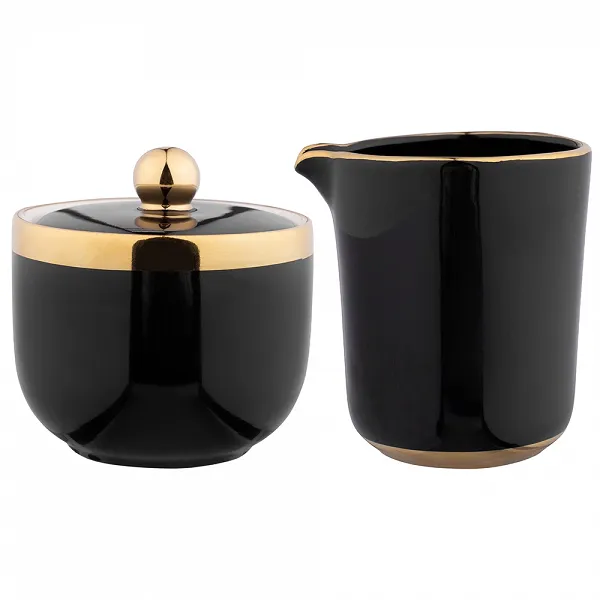 ALTOM DESIGN GOLD DREAM Porcelanowy zestaw cukiernica i mlecznik ze złotem czarny