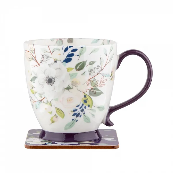 ALTOM DESIGN INEZ duża filiżanka porcelanowa do kawy i herbaty na stopce jumbo 400 ml DEK. B z podkładką GIFT BOX