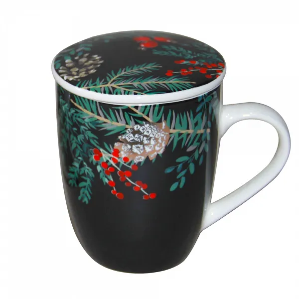 ALTOM DESIGN WONDERLAND kubek porcelanowy z zaparzaczem i pokrywką w opasce dekoracja święta Boże Narodzenie 300 ml CZARNY