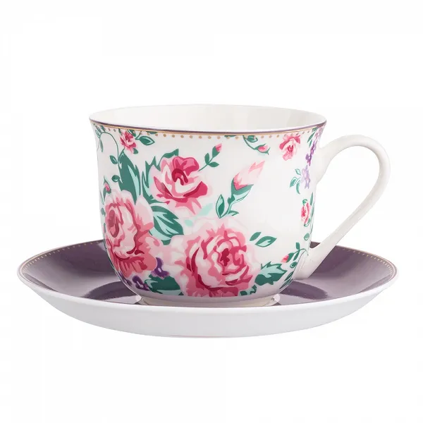 ALTOM DESIGN CHARLOTTA filiżanka jumbo porcelanowa w kwiaty ze spodkiem 400 ml 16,5 cm w opasce