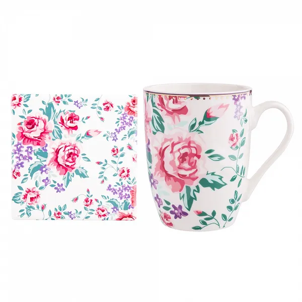 ALTOM DESIGN CHARLOTTA kubek do kawy i herbaty porcelanowy w kwiaty z podkładką 300 ml jasny wzór