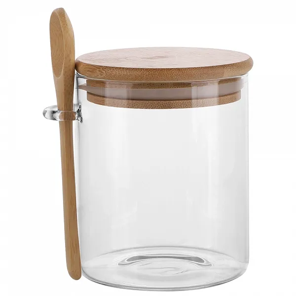 ALTOM DESIGN szklany pojemnik okrągły z bambusową pokrywką i łyżeczką 490ml 
