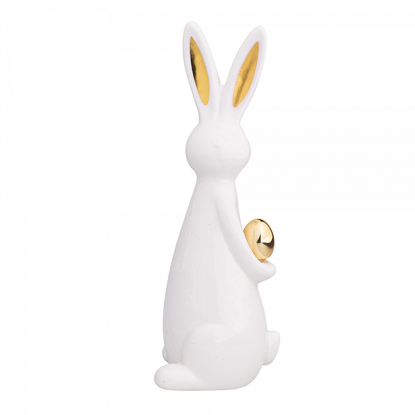 ALTOM DESIGN figurka ceramiczna / ozdoba świąteczna na Wielkanoc Zając ze złotymi uszami i jajkiem  6,5x6,5x19cm