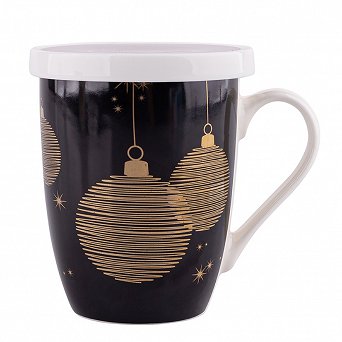 ALTOM DESIGN GOLDEN CHRISTMAS kubek do kawy i herbaty świąteczny Boże Narodzenie 300 ml ze złotym uchem z zaparzaczem i pokrywą czarny