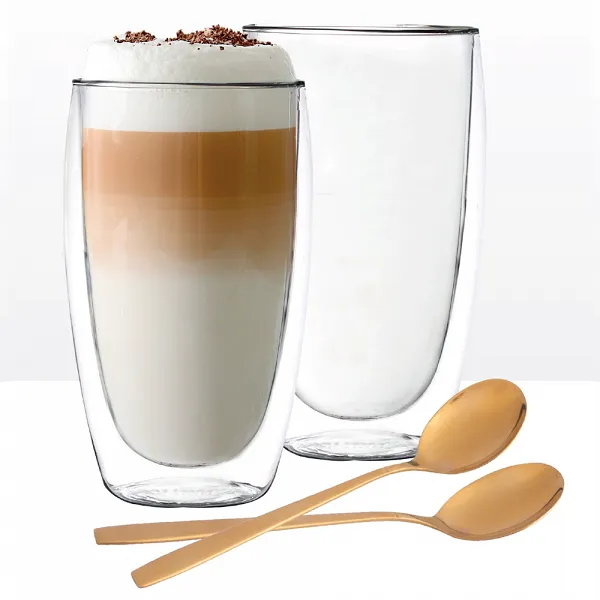ALTOM DESIGN ANDREA komplet 2 szklanek termicznych z podwójną ścianką i dnem 380ml + 2 złote łyżeczki