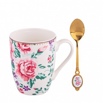 ALTOM DESIGN CHARLOTTA kubek do kawy i herbaty porcelanowy w kwiaty z łyżeczką z porcelanową wstawką 300 ml jasny wzór opakowanie na prezent