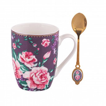 ALTOM DESIGN CHARLOTTA kubek do kawy i herbaty porcelanowy w kwiaty z łyżeczką z porcelanową wstawką 300 ml fioletowy opakowanie na prezent