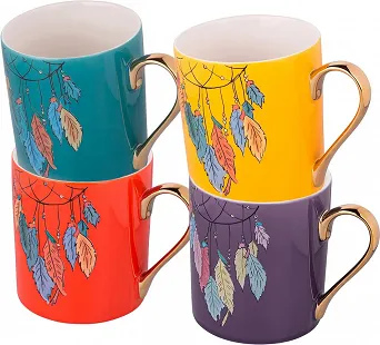 ALTOM DESIGN EXOTIC Zestaw 4 porcelanowych kubków prostych ze złotym uchem 300ml pomarańczowy pióra