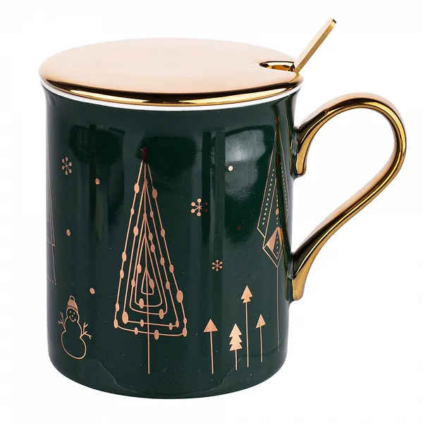 ALTOM DESIGN kubek świąteczny na prezent z pokrywką i łyżeczką 240 ml ZIELONY DEK. GOLD TREE GIFT BOX 