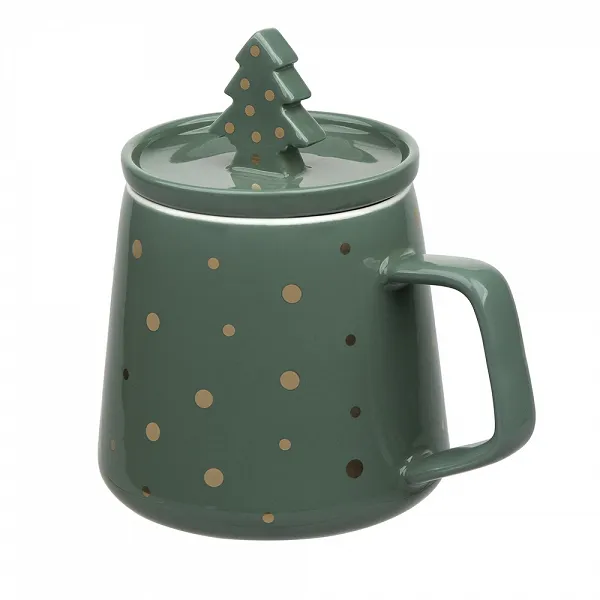 ALTOM DESIGN kubek świąteczny na prezent porcelanowy z pokrywką z choinką 370 ml zielony w złote kropki