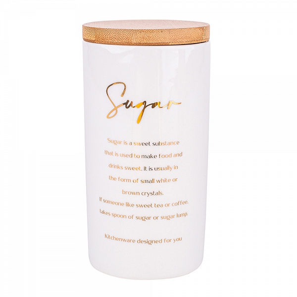 ALTOM DESIGN ORGANIC pojemnik na kawę porcelanowy z pokrywą bambusową i złotymi napisami 8x16cm dek. Sugar
