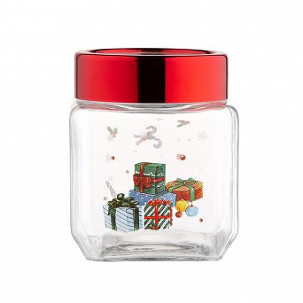 ALTOM DESIGN ozdobny słoiczek szklany na produkty sypkie ze świąteczną dekoracją i czerwoną pokrywką 500ml