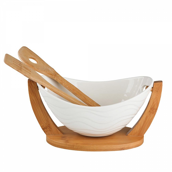 ALTOM DESIGN REGULAR salaterka owalna porcelanowa z podstawą i łyżkami bambusowymi
