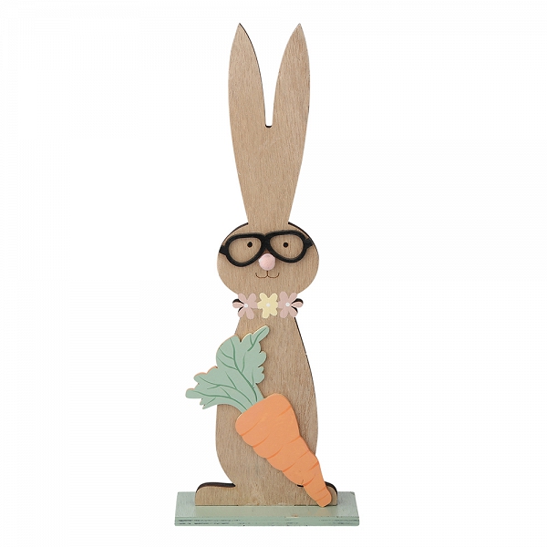 ALTOM DESIGN figurka drewniana ozdoba na Wielkanoc zając w okularach z dużą marchewką 31x12cm