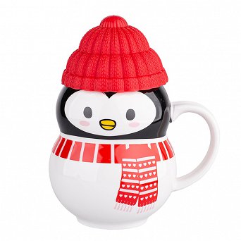 ALTOM DESIGN świąteczny kubek porcelanowy do kawy i herbaty na prezent 350 ml z silikonową czapeczką pingwinek