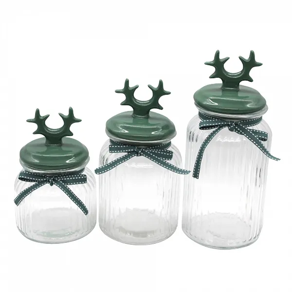 ALTOM DESIGN słoik ozdobny świąteczny relief z ceramiczną pokrywką zielone rogi 650ml